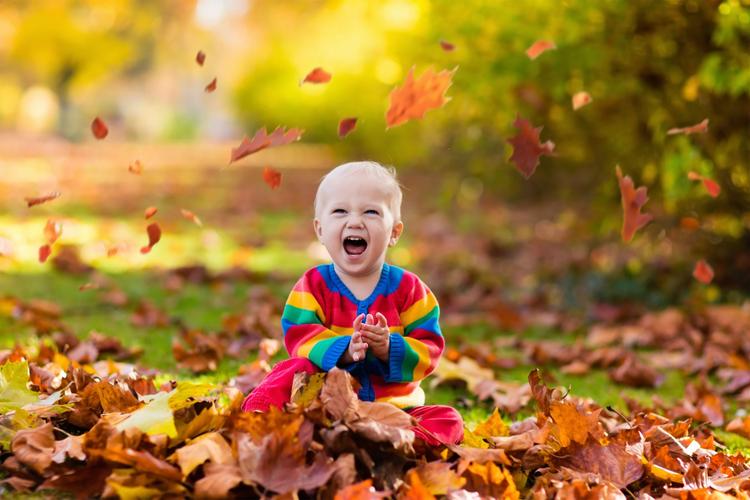 Happy baby in colorful rainbow sweater sitting in autumn leaves, laughing as fall foliage swirls around them in a sunny park